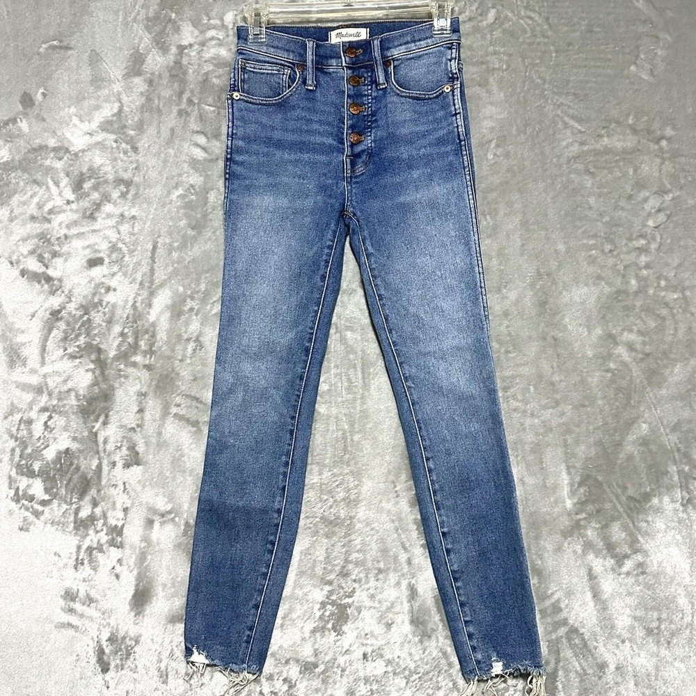 Madewell 10 High Rise Skinny Jeans Raw Hem Womens 24 Blue Button Fly Boho Casual